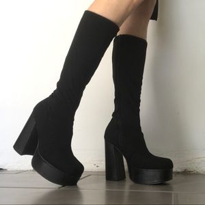 Vintage Dollhouse Square Toe Platform Stretchy Knee Boots